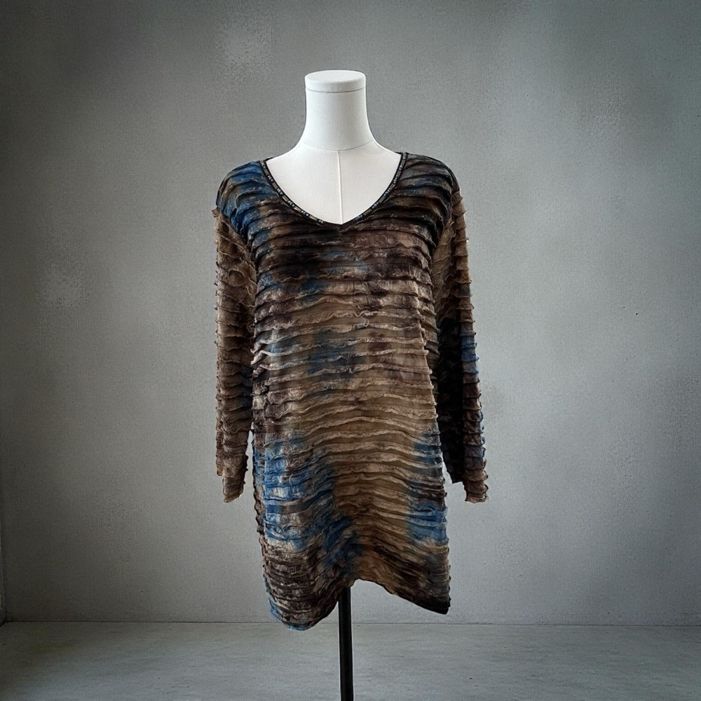 Women's 1X Textured Earthy Tones Stretch Tunic Plus Curvy Casual Stretch Top